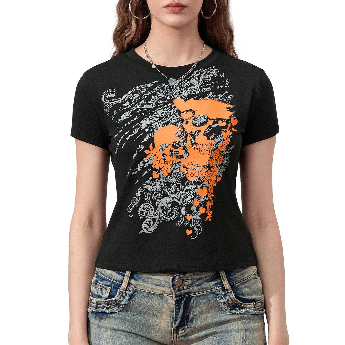Gothic Black Short Sleeve Crop Top with Skull Print for Women - Punk Grunge Streetwear T-Shirt
