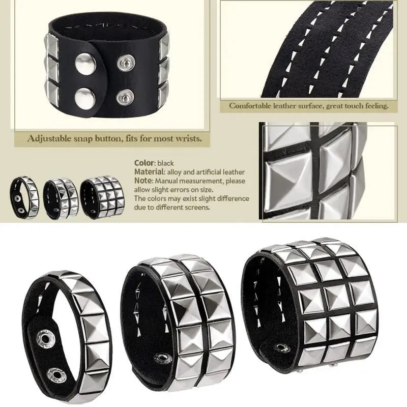 3Pcs Studded Punk Bracelets for Men Women Buckle Cuffs Pyramid Wristband Rivet Cuff Bangle Wear Proms Rock Costumes Black
