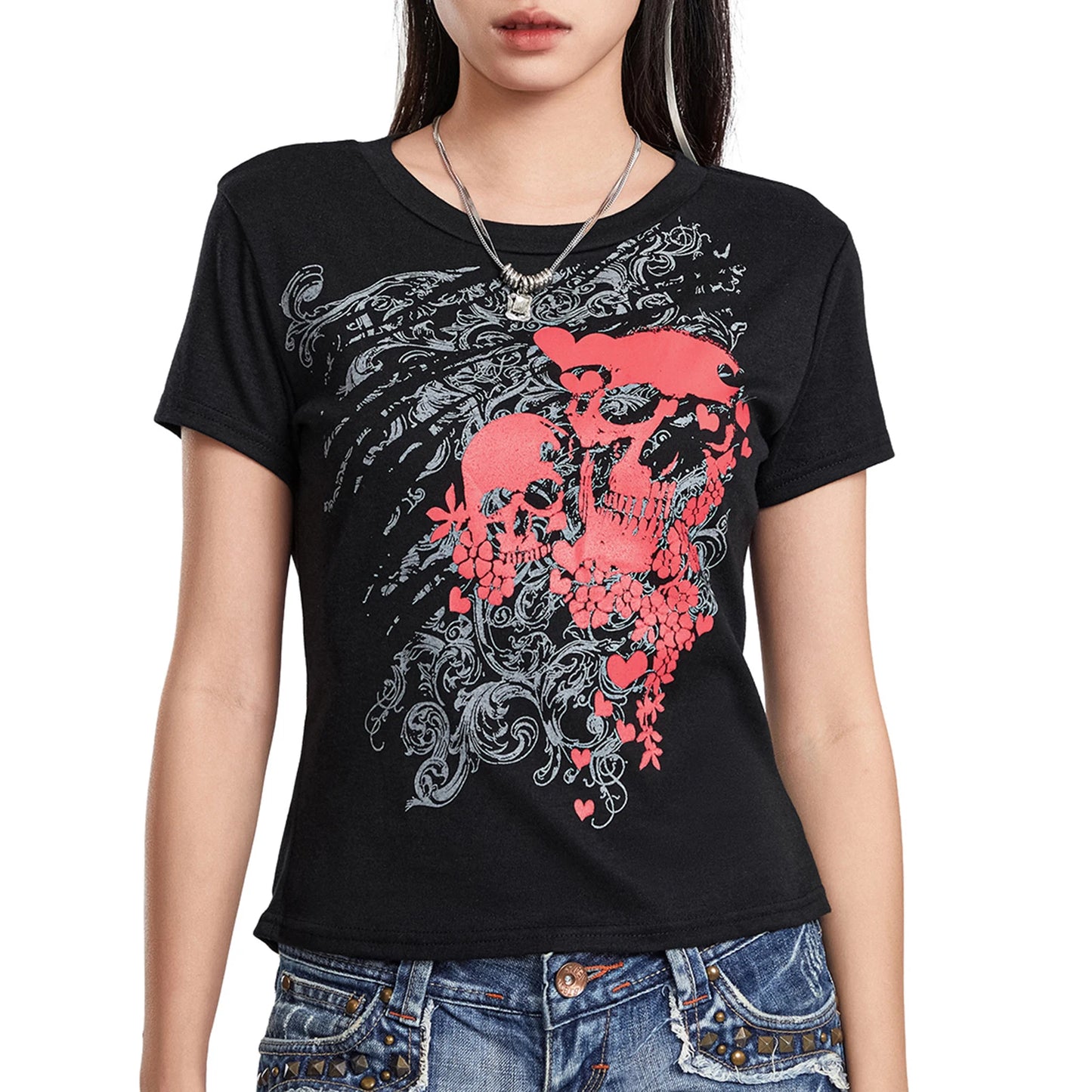 Gothic Black Short Sleeve Crop Top with Skull Print for Women - Punk Grunge Streetwear T-Shirt