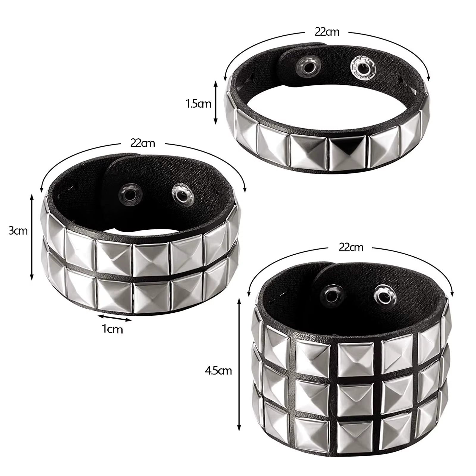 3Pcs Studded Punk Bracelets for Men Women Buckle Cuffs Pyramid Wristband Rivet Cuff Bangle Wear Proms Rock Costumes Black