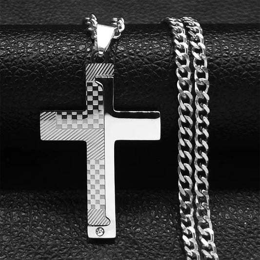 Goth Stainless Steel Cross Pendant Necklace Biker Men Punk Black Silver Color Crucifixion Crystal Necklace Hip Hop Jewelry N6337