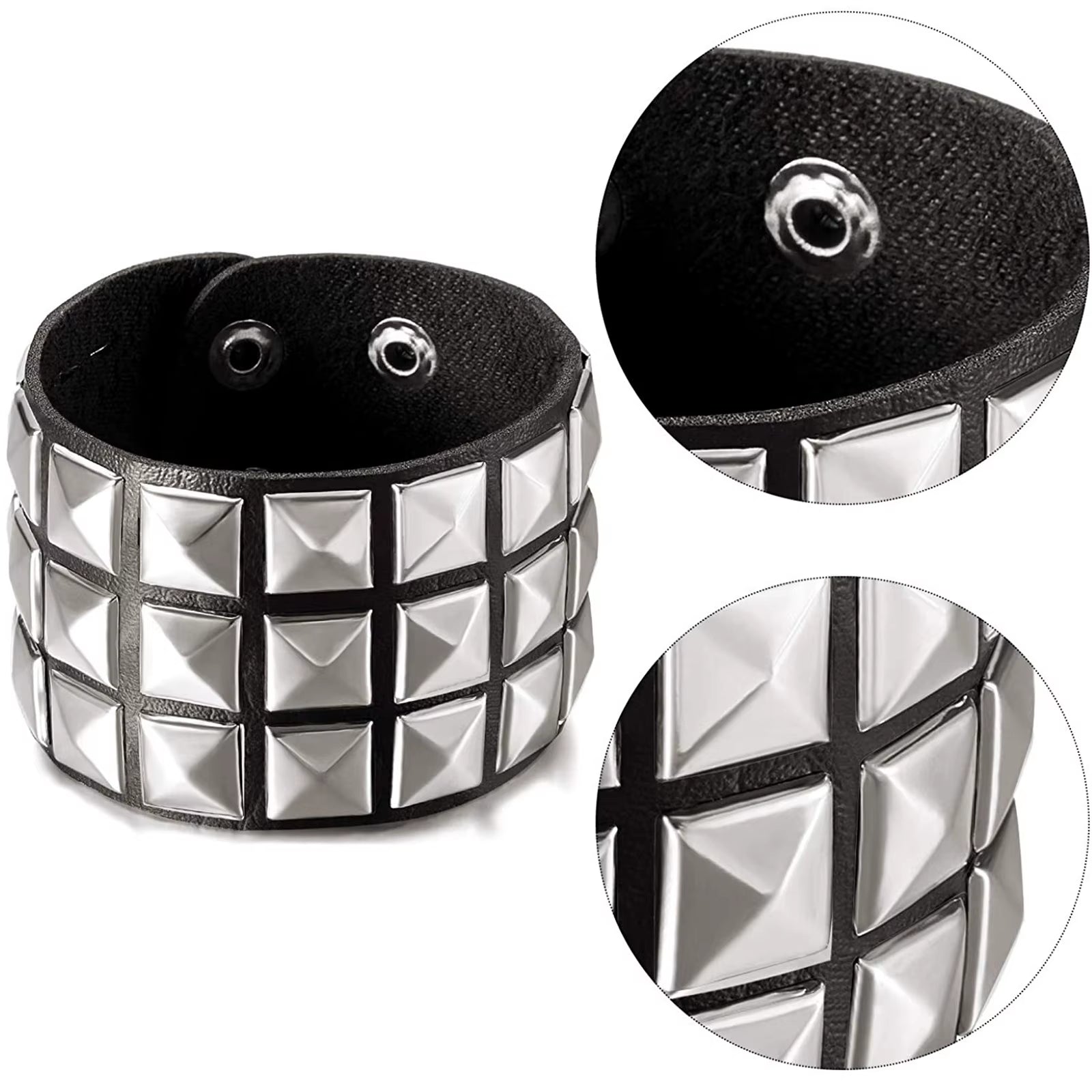 3Pcs Studded Punk Bracelets for Men Women Buckle Cuffs Pyramid Wristband Rivet Cuff Bangle Wear Proms Rock Costumes Black