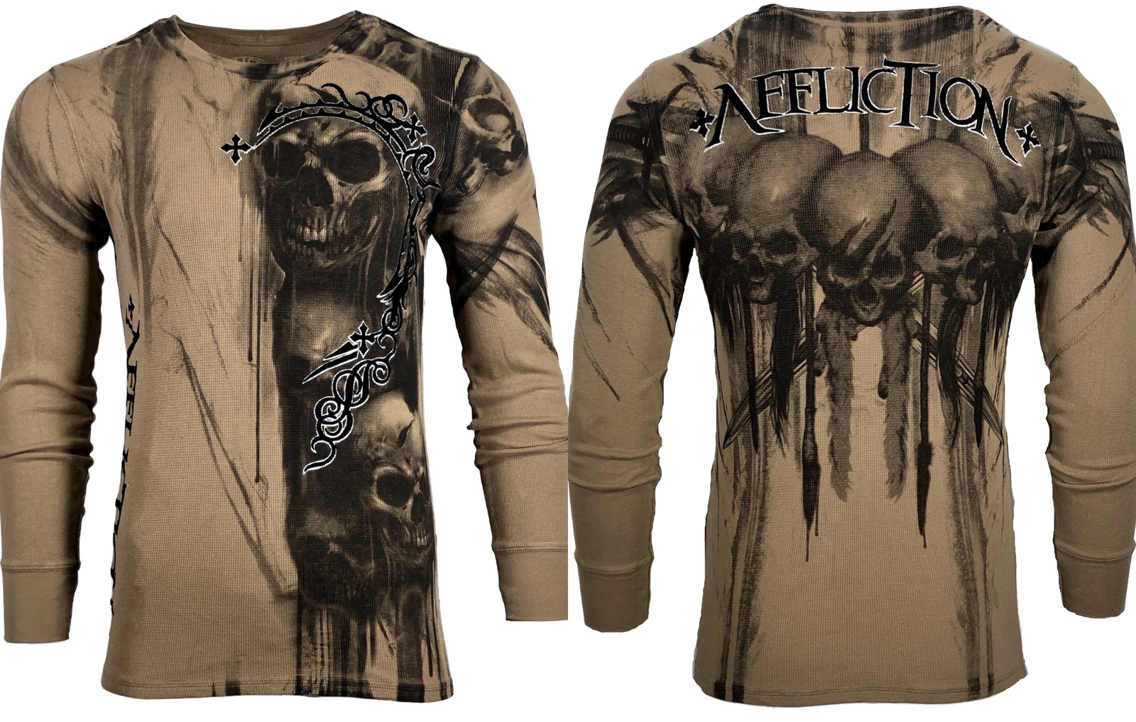 AFFLICTION Men'S Long Sleeve Thermal Shirt WALKING DEAD Skull Biker MMA S-4XL
