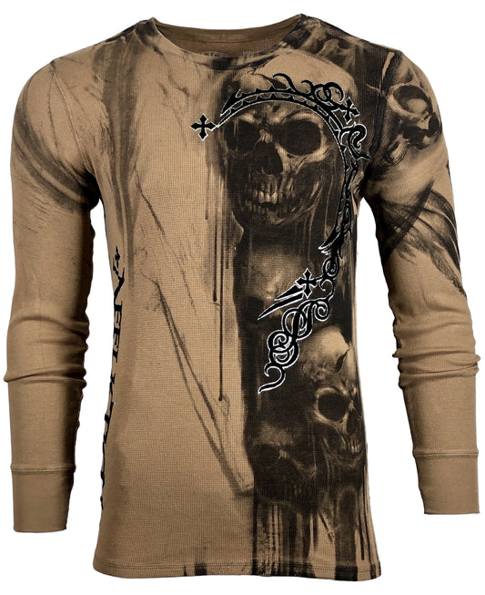 AFFLICTION Men'S Long Sleeve Thermal Shirt WALKING DEAD Skull Biker MMA S-4XL