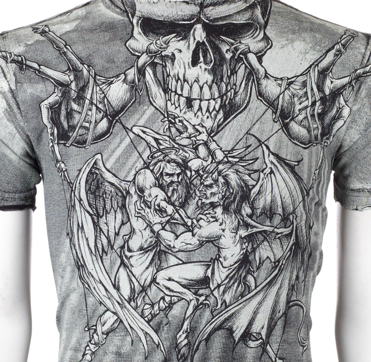 $58 AFFLICTION Black PUPPET MASTER Short Sleeve Slim Fit Y2K MMA Elite T-Shirt