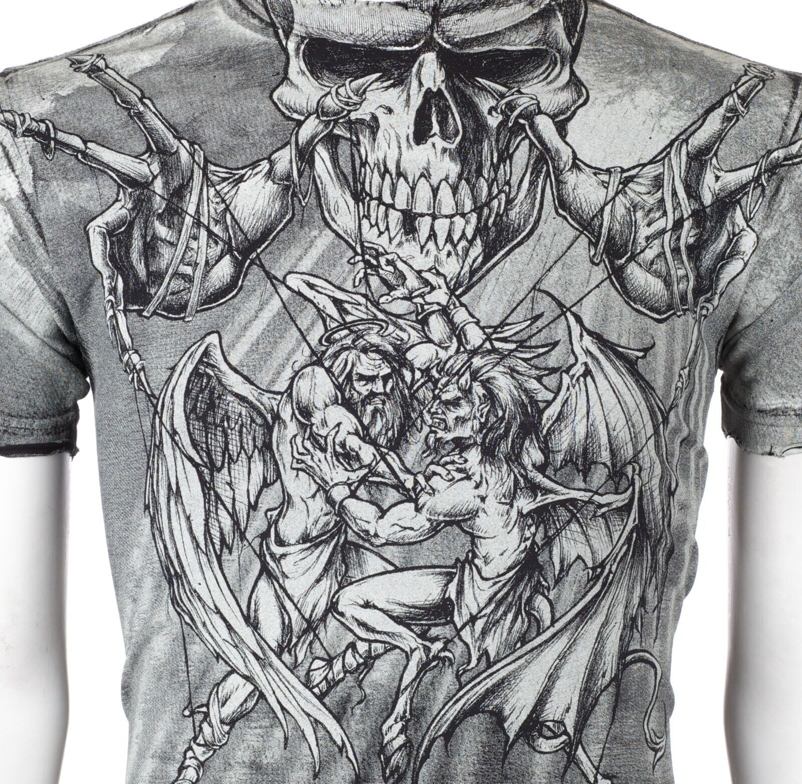 $58 AFFLICTION Black PUPPET MASTER Short Sleeve Slim Fit Y2K MMA Elite T-Shirt