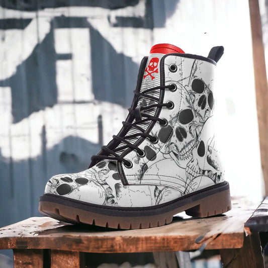 Emerald Blossoms - White Skull Gothic, Punk Combat Boots for Hippies