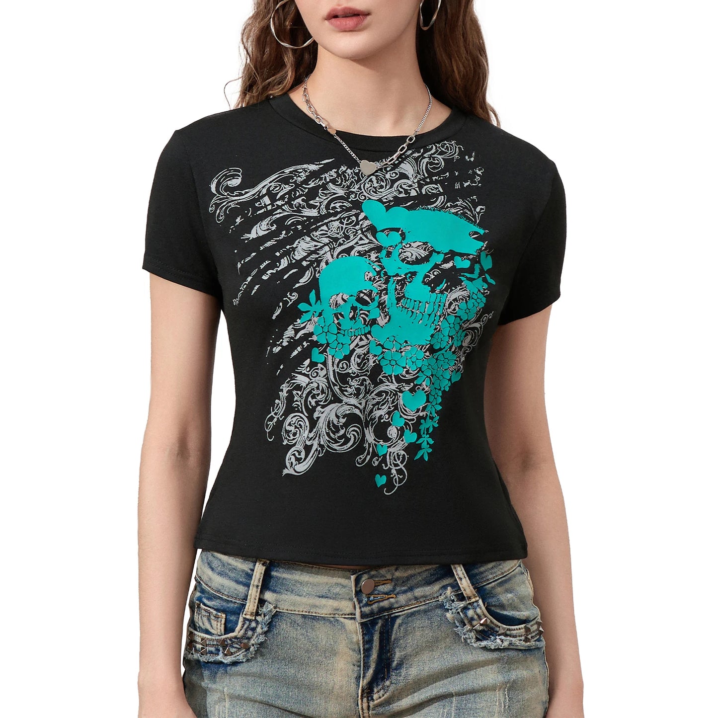Gothic Black Short Sleeve Crop Top with Skull Print for Women - Punk Grunge Streetwear T-Shirt