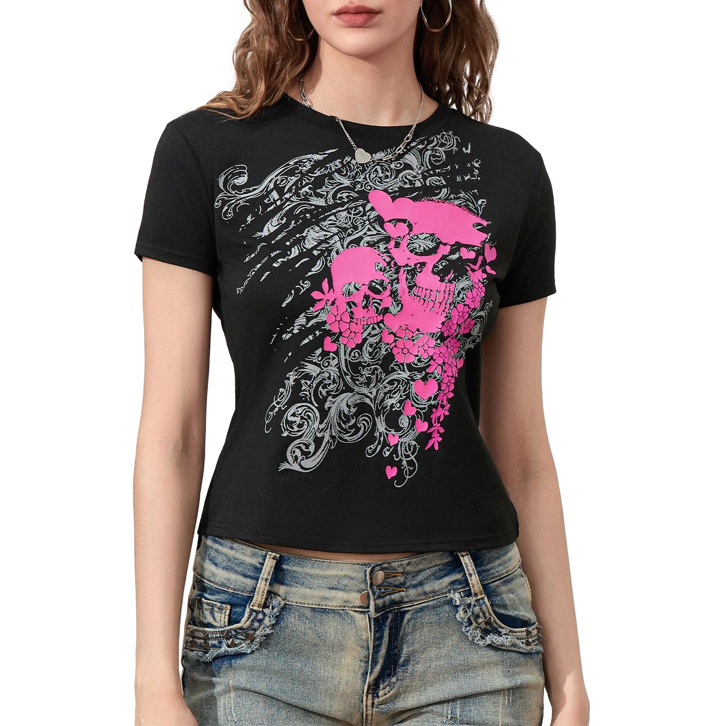 Gothic Black Short Sleeve Crop Top with Skull Print for Women - Punk Grunge Streetwear T-Shirt