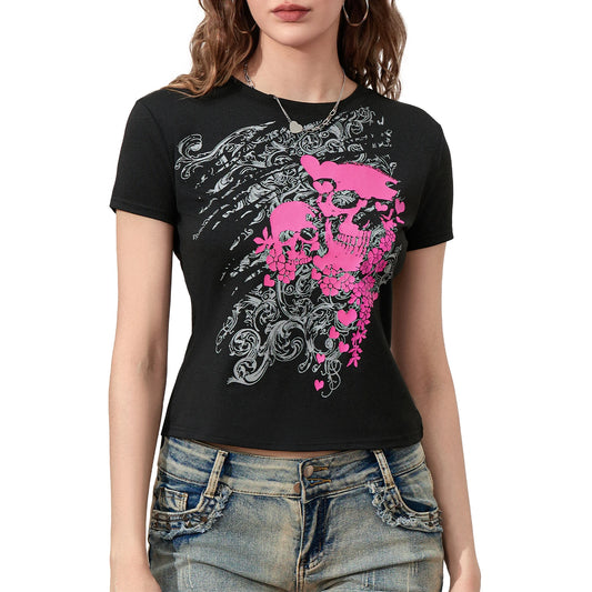 Gothic Black Short Sleeve Crop Top with Skull Print for Women - Punk Grunge Streetwear T-Shirt
