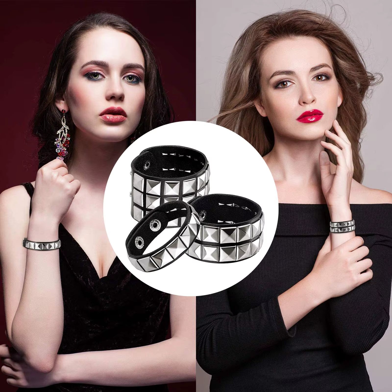 3Pcs Studded Punk Bracelets for Men Women Buckle Cuffs Pyramid Wristband Rivet Cuff Bangle Wear Proms Rock Costumes Black